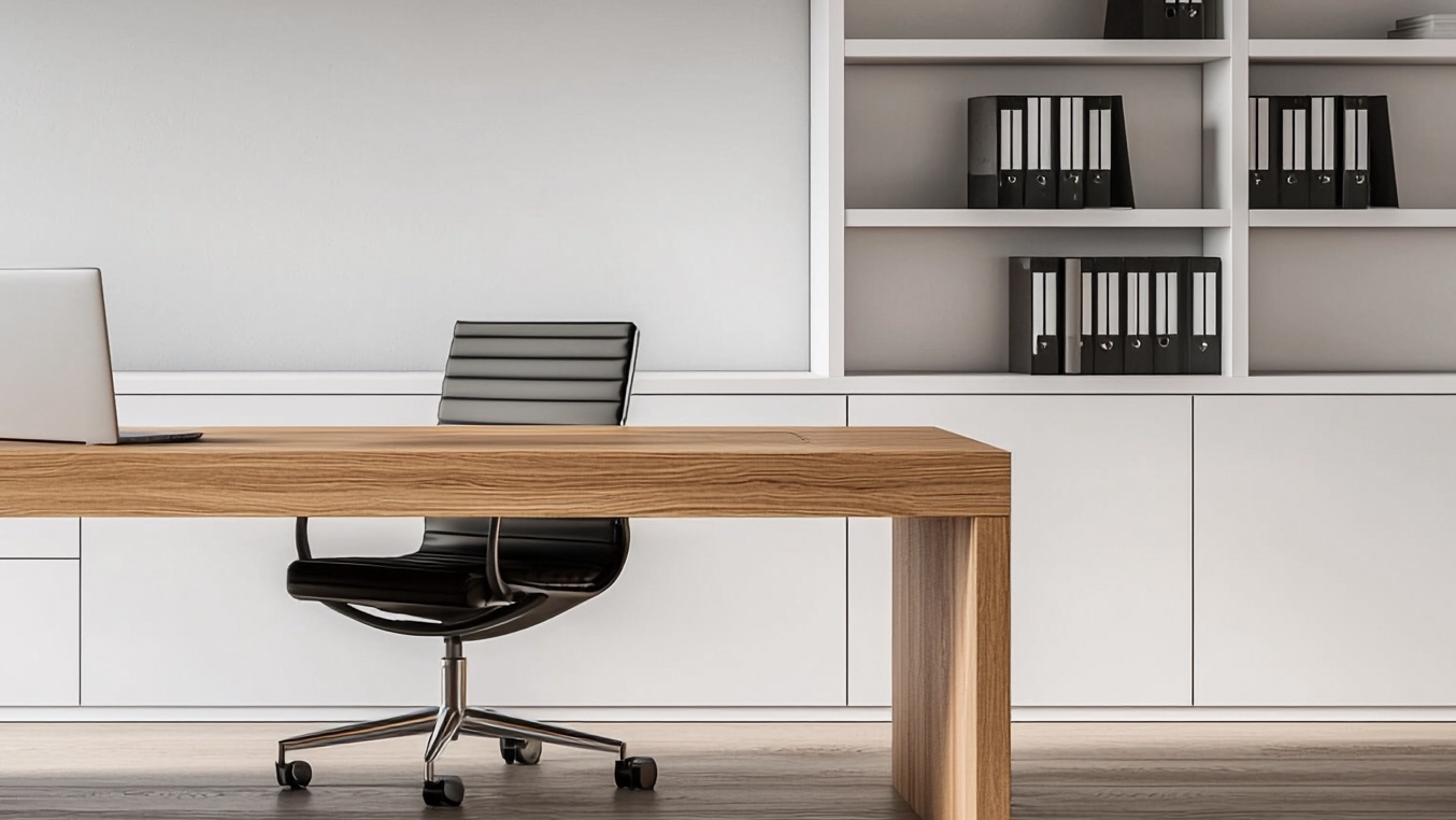 Modern office furniture setting with laminate table and built-ins