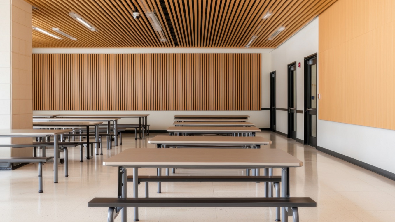 School cafeteria setting with tables