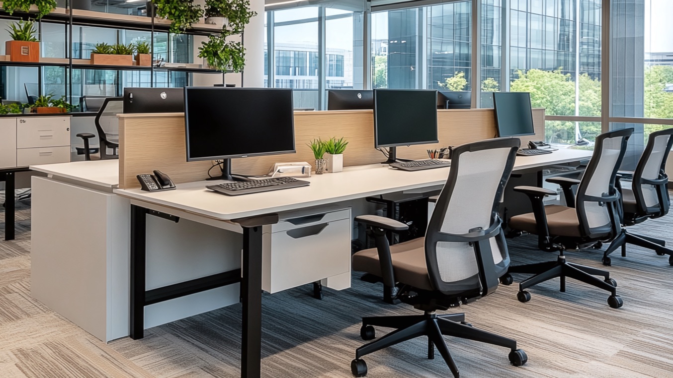 Finished, clean office space highlighting collaborative desk spaces and open shelving.