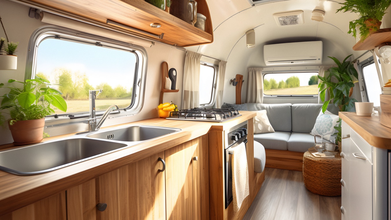 Custom-built RV interior with laminated surfaces and precision cabinetry.