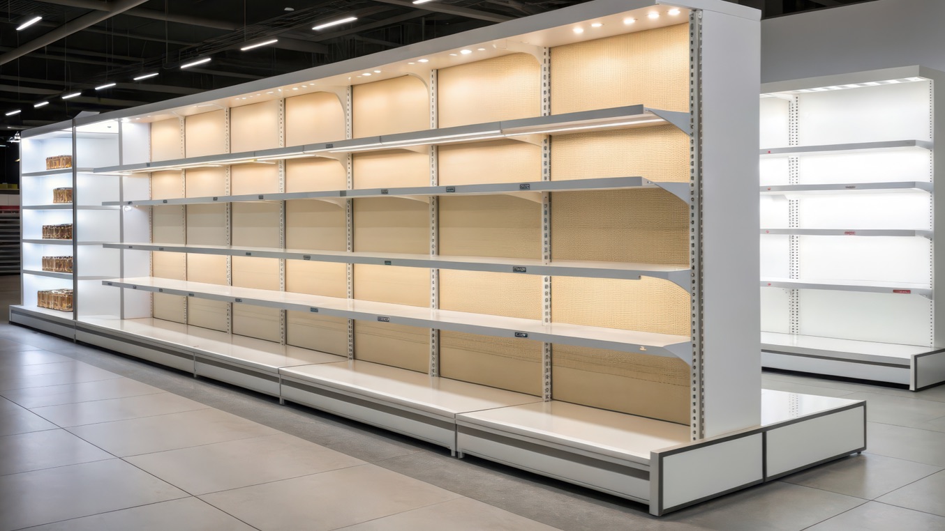 Retail shelving with precision thermoformed panels and durable PUR-laminated surfaces.