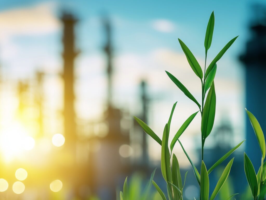 Green plants in the foreground, with an industrial shape in the background highlighted by the sun.