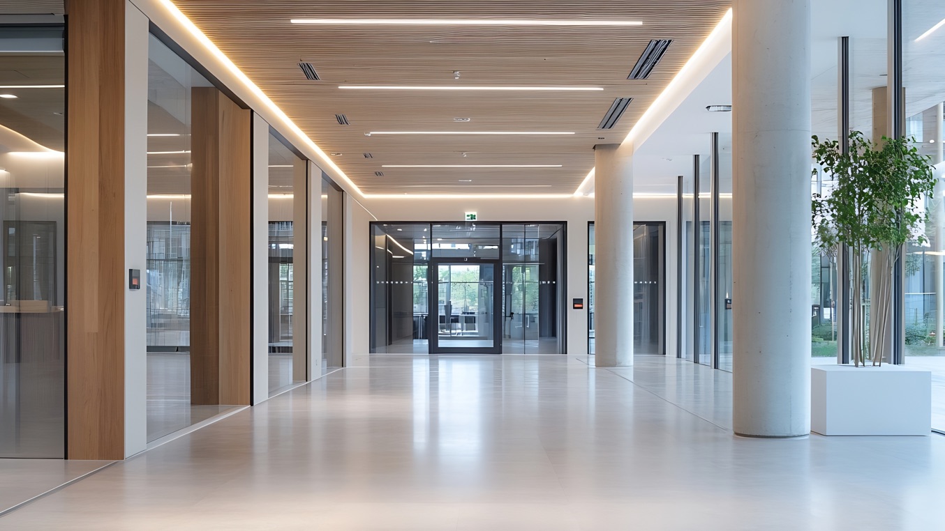 Clean and modern interior space with a variety of laminate materials