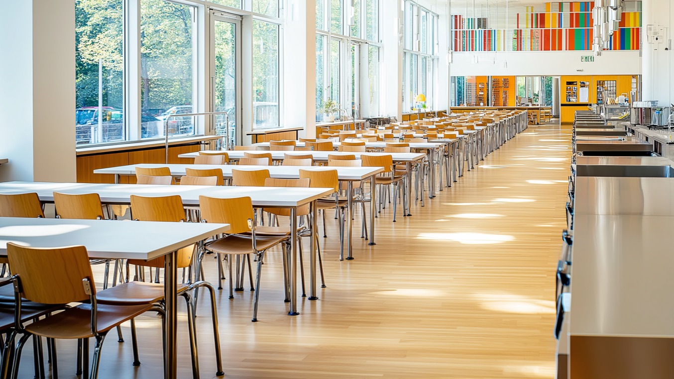 School setting with range of institutional furniture solutions including chairs, tables, cabinetry, countertops and wall features