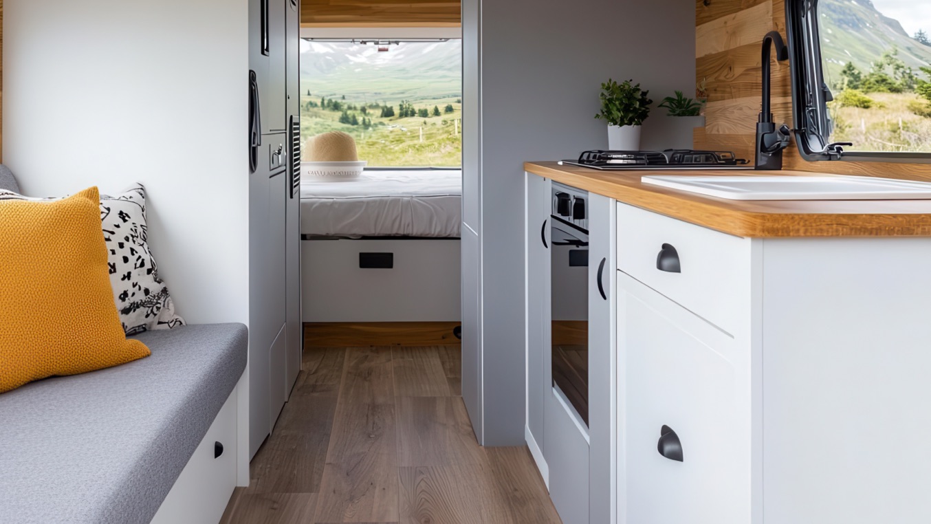 Finished RV kitchen setup featuring cabinets and laminate countertops