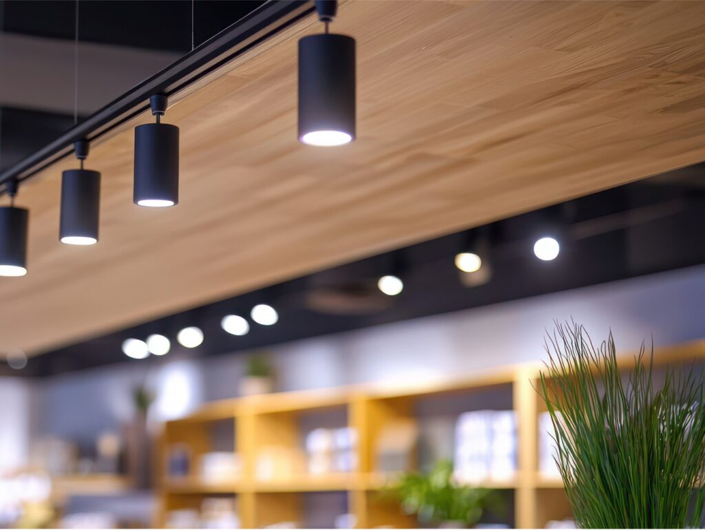 Retail wall shelving and ceiling display