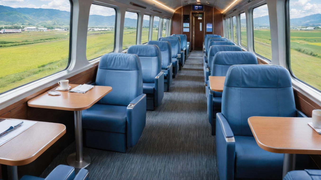 Train interior with seating and laminate tables